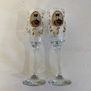 Naser al-Din Shah Qajar Champagne Flutes Glasses Gold Accents 8" Set of 2